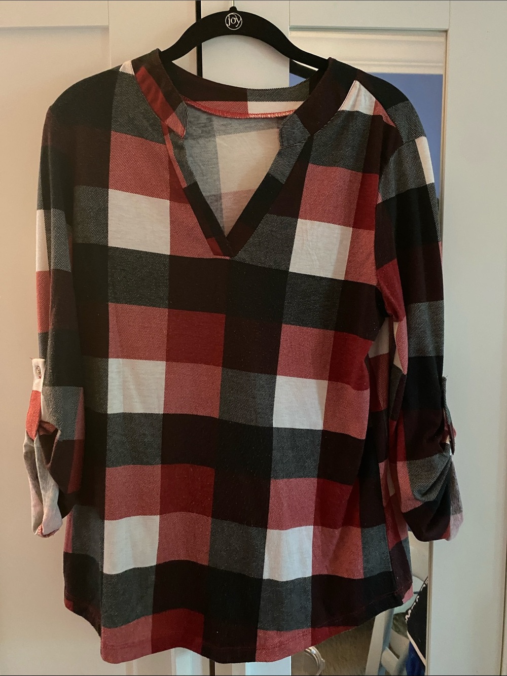 Plaid V-Neck Roll-Sleeve Top in Red and Black